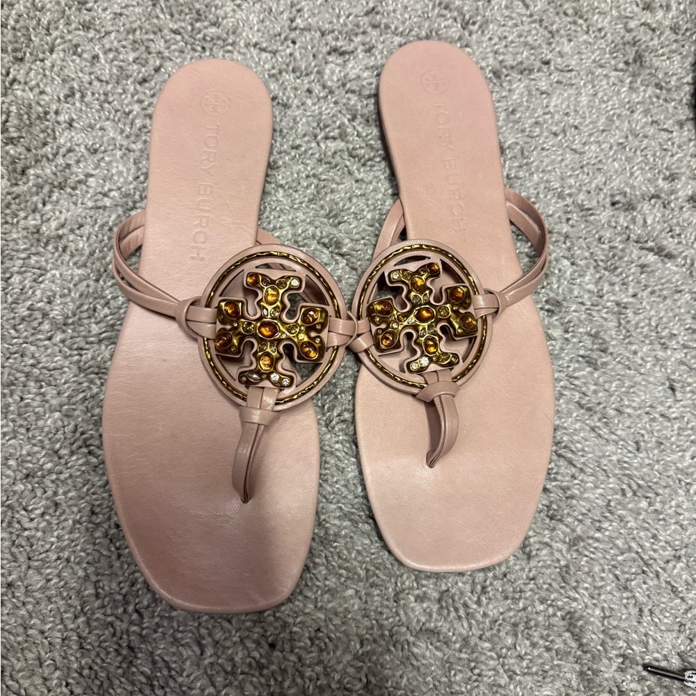 Tory Burch Blush Pink Miller Logo Thong Sandals with Gold Medallions